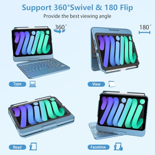 TaIYanG Keyboard Case for iPad mini 7 A17 Pro 2024 & Mini 6,7 Color Backlit Trackpad Keyboard Case for iPad mini 6th Generation 2021 8.3-inch,360° Rotatable Slim Cover for iPad mini 7th Gen,Ocean Blue - Image 4