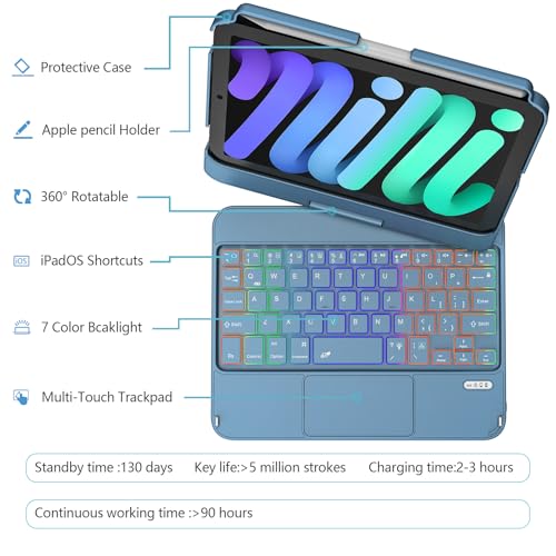 TaIYanG Keyboard Case for iPad mini 7 A17 Pro 2024 & Mini 6,7 Color Backlit Trackpad Keyboard Case for iPad mini 6th Generation 2021 8.3-inch,360° Rotatable Slim Cover for iPad mini 7th Gen,Ocean Blue - Image 3