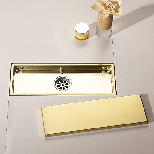 DEOKXZ Linear Shower Drain Pipe 12 Inches Brushed Gold, with Tile Insert Grille, Detachable Hidden Cover, SUS304 Stainless Steel Rectangular Floor Drain - Image 5