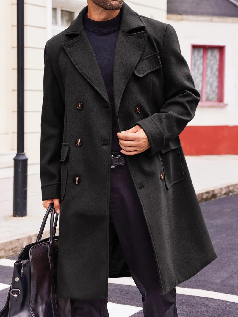 Runcati Mens Trench Coat Notch Lapel Double Breasted Peacoat Wool Blend Casual Long Overcoat - Image 2