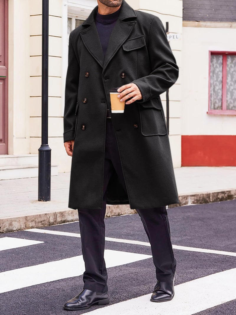 Runcati Mens Trench Coat Notch Lapel Double Breasted Peacoat Wool Blend Casual Long Overcoat - Image 4