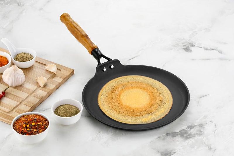 ROSTON Cast Iron Dosa tawa with Wooden Handle ppre Seasoned Light Weight tawa for rotia and dosa kallu uttapam Induction and Gas Friendly. - Image 2