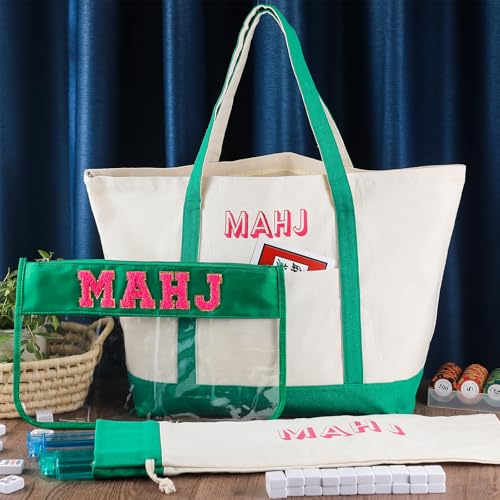 Sunnymove 3 Pcs Empty Mahjong Canvas Bag Gift Embroidered American Mahjong Set Incl Tiles Bag and Racks Pushers Drawstring BagsGreenRegular - Image 3