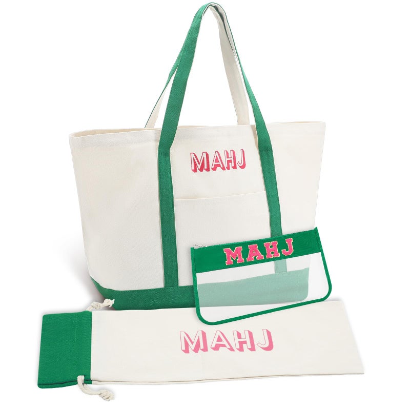 Sunnymove 3 Pcs Empty Mahjong Canvas Bag Gift Embroidered American Mahjong Set Incl Tiles Bag and Racks Pushers Drawstring BagsGreenRegular - Image 2