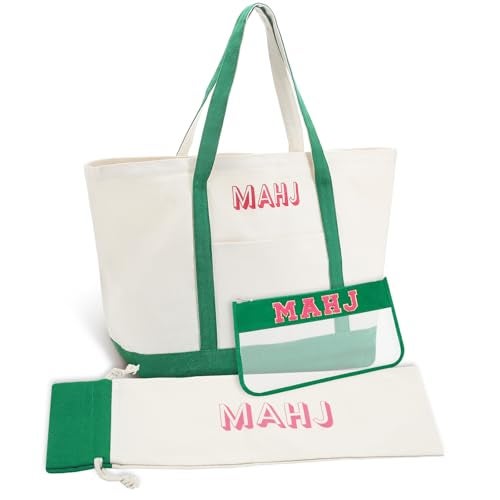 Sunnymove 3 Pcs Empty Mahjong Canvas Bag Gift Embroidered American Mahjong Set Incl Tiles Bag and Racks Pushers Drawstring BagsGreenRegular - Image 1