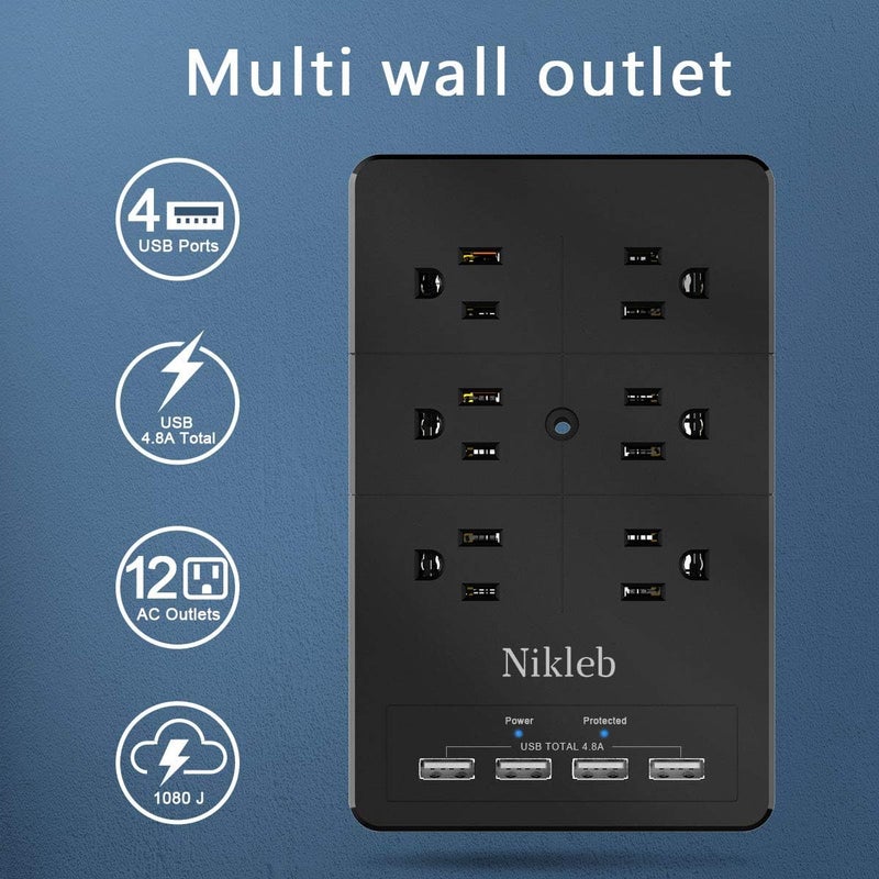 Nikleb Surge Protector , Wall Outlet with 4 USB Ports 5V 4.8A Total, 12 Multi Outlet Extender, Multiple USB Plug Adapter Wall Mount, Phone Chargier Organizer with Phone Holder, Heavy Duty - Image 3