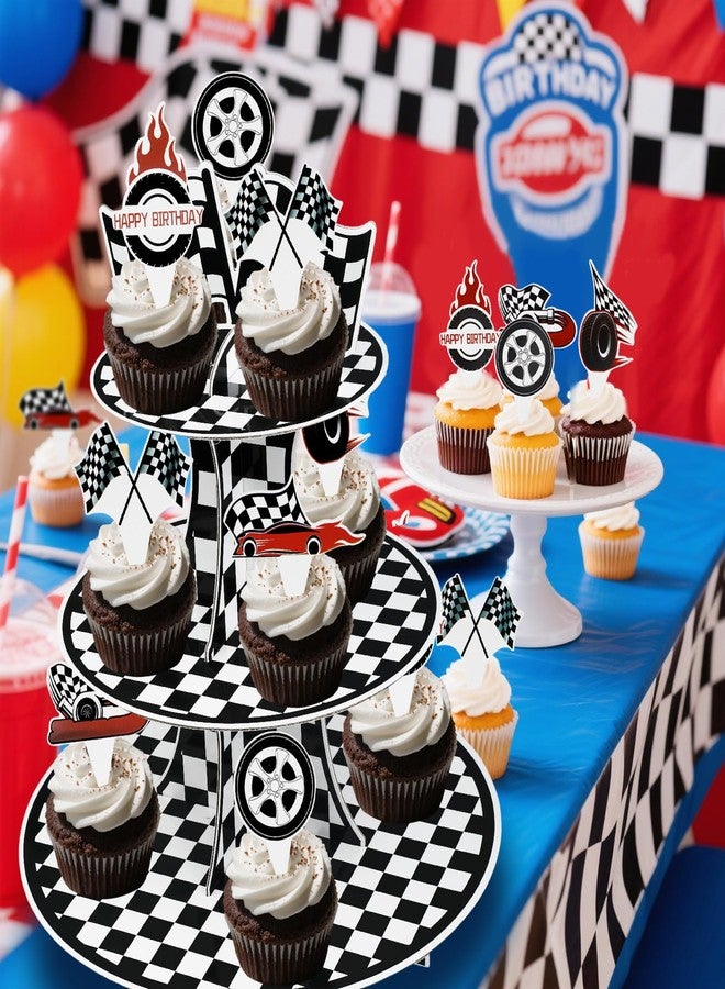 Pinsit Racing Car Cardboard Cupcake Stand, 3 Tier Racing Car Theme Cupcake Holder, Race Cars Dessert Stand for Racing Theme Birthday Party Supplies Decor with 24pcs Cupcake Toppers - Image 2