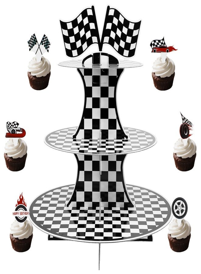 Pinsit Racing Car Cardboard Cupcake Stand, 3 Tier Racing Car Theme Cupcake Holder, Race Cars Dessert Stand for Racing Theme Birthday Party Supplies Decor with 24pcs Cupcake Toppers - Image 1