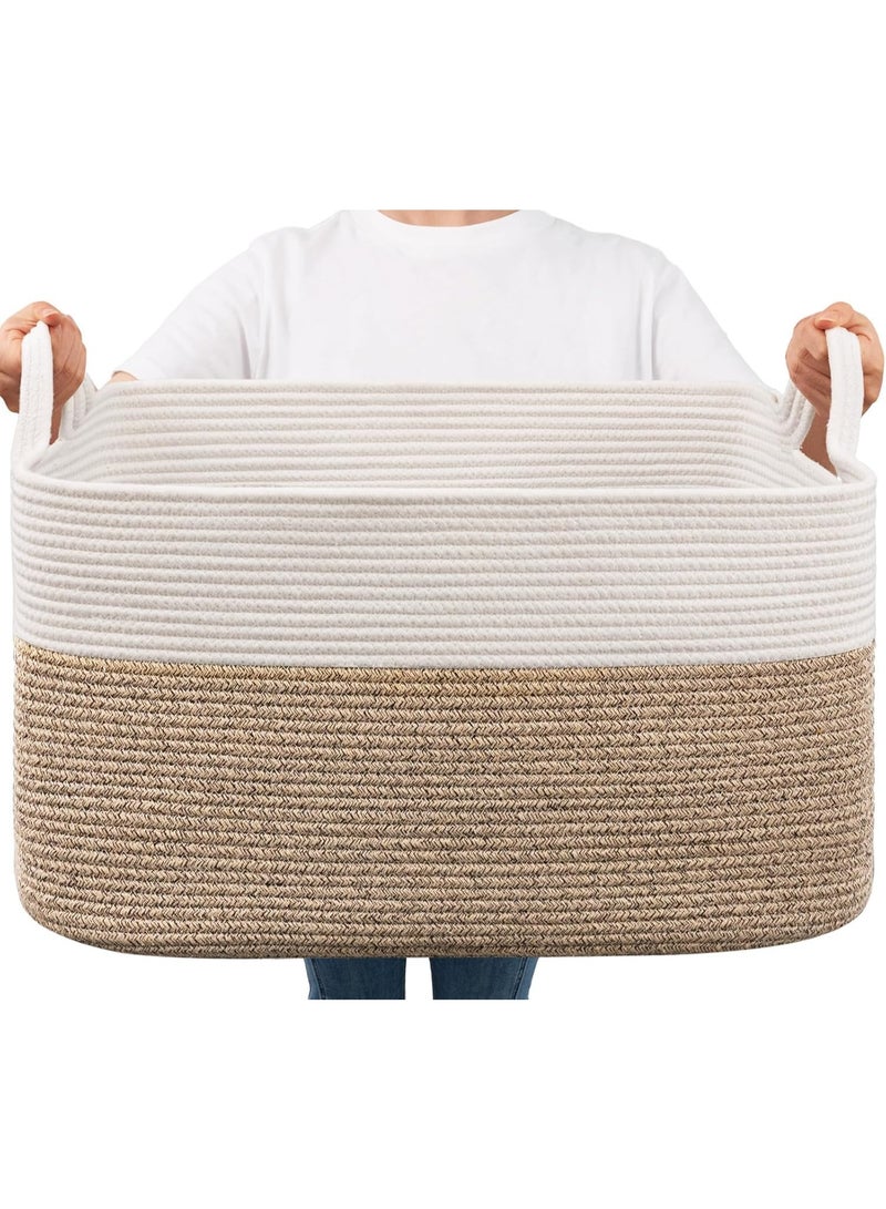 Cotton Rope Storage Basket, 18.9" x 13.4" x 11", Large Woven Organiser with Handles, White & Brown, for Living Room,Bedroom - Image 1