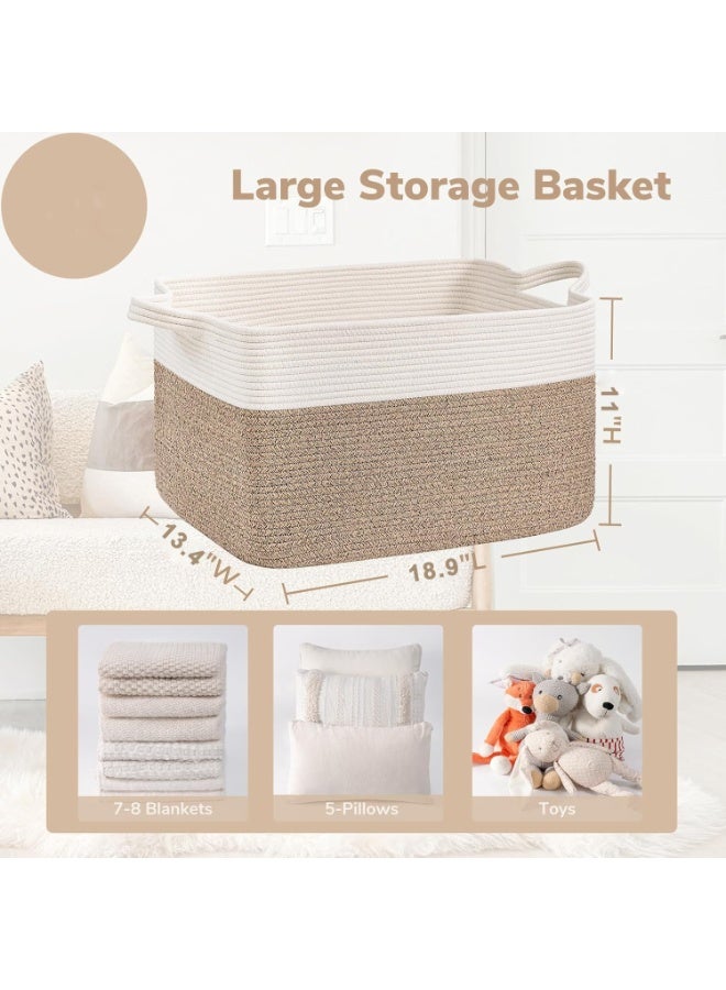Cotton Rope Storage Basket, 18.9" x 13.4" x 11", Large Woven Organiser with Handles, White & Brown, for Living Room,Bedroom - Image 4