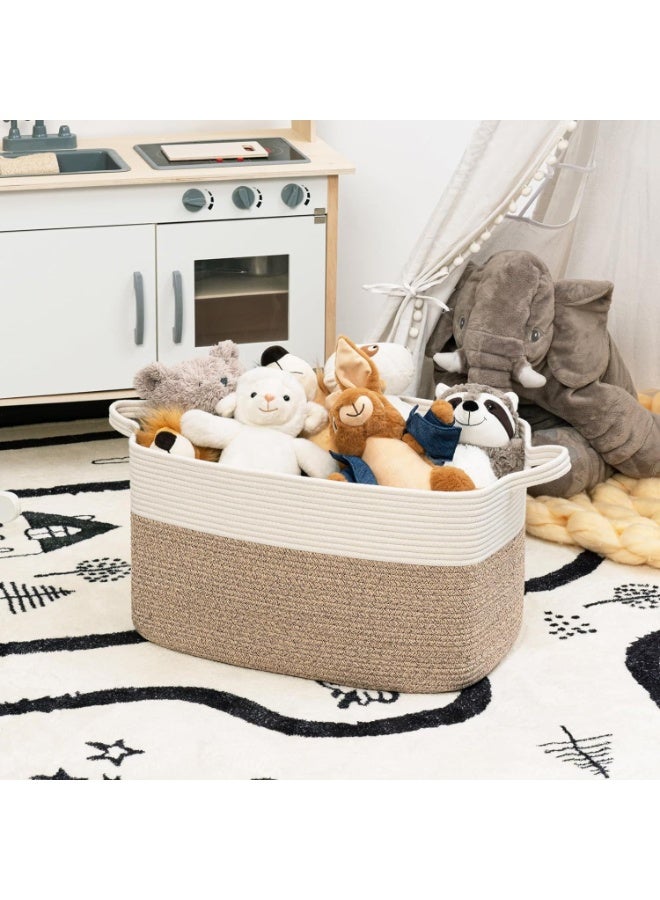 Cotton Rope Storage Basket, 18.9" x 13.4" x 11", Large Woven Organiser with Handles, White & Brown, for Living Room,Bedroom - Image 3