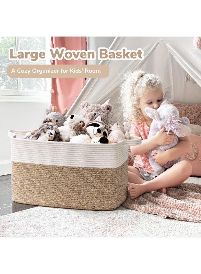 Cotton Rope Storage Basket, 18.9" x 13.4" x 11", Large Woven Organiser with Handles, White & Brown, for Living Room,Bedroom - Image 5