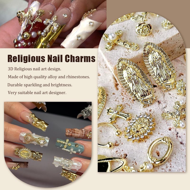LCiclly 3D Cross Nail Charms,Gold Flat Back Nail Pearls Beads for Crafting,Cute Nail Charms Y2k Rhinestones Jewelry for Nail Art Flower Virgin Mary Religious Charms Gems Bulk Nail Chains (Gold) - Image 4
