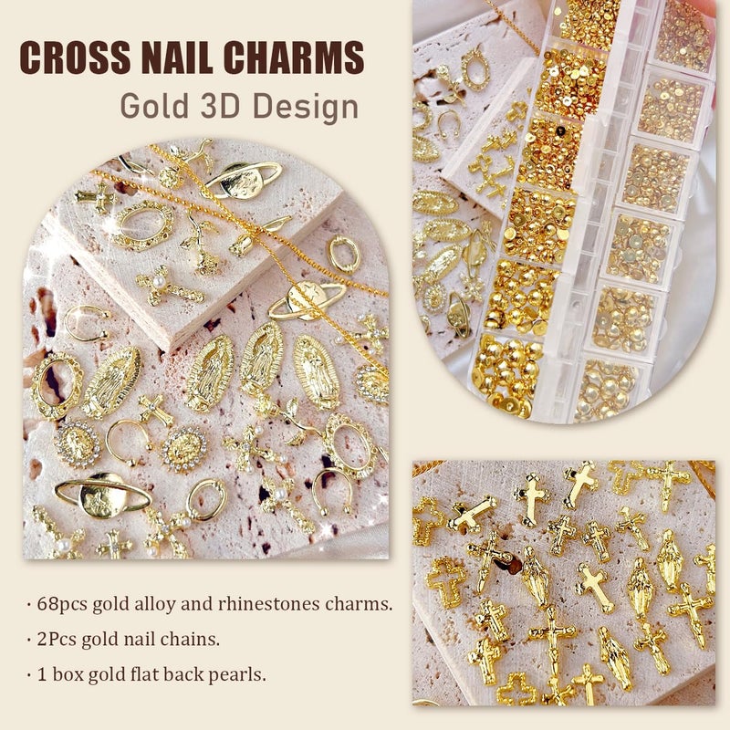 LCiclly 3D Cross Nail Charms,Gold Flat Back Nail Pearls Beads for Crafting,Cute Nail Charms Y2k Rhinestones Jewelry for Nail Art Flower Virgin Mary Religious Charms Gems Bulk Nail Chains (Gold) - Image 2