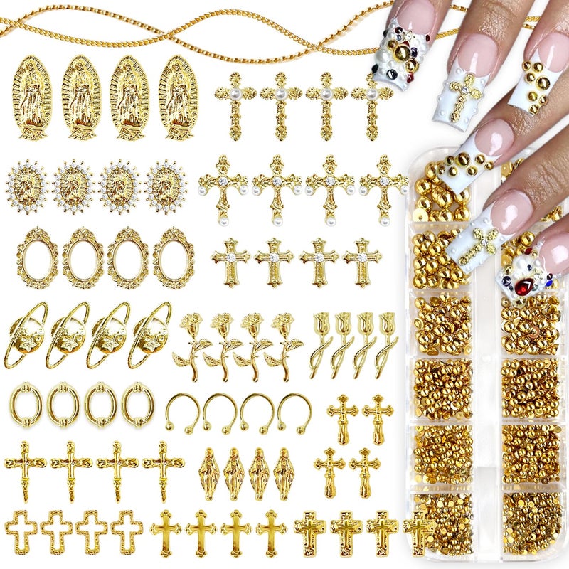 LCiclly 3D Cross Nail Charms,Gold Flat Back Nail Pearls Beads for Crafting,Cute Nail Charms Y2k Rhinestones Jewelry for Nail Art Flower Virgin Mary Religious Charms Gems Bulk Nail Chains (Gold) - Image 1