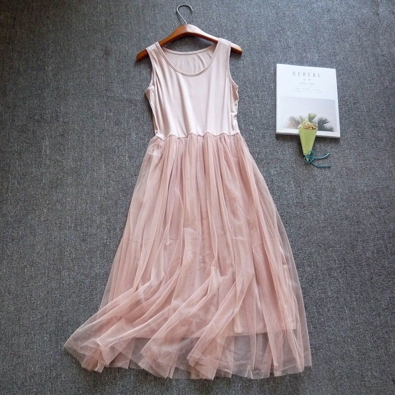 Fairy Slip Skirt Long Skirt Modal Stitching Mesh Base Skirt Lace Dress Large Size Korean Style Petticoat Vest lotus root powder 