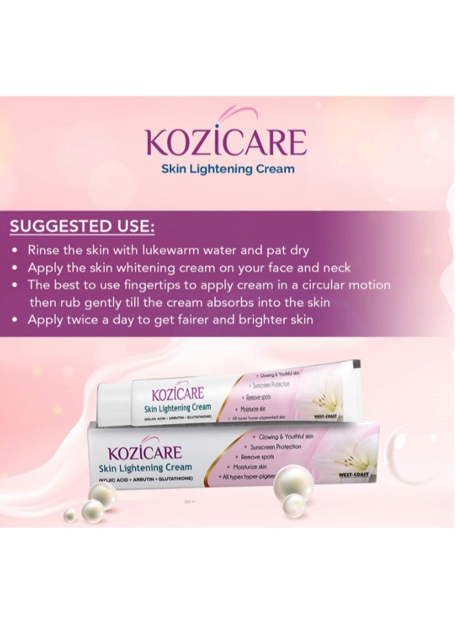 Kozicare Skin Lightening Cream - 15gm  Enriched with Kojic Acid, Alpha Arbutin, Glutathione, Niacinamide and Vitamin C | Best for Melasma, Pigmentation, Acne Scars, Dark/Age Spots - Image 4