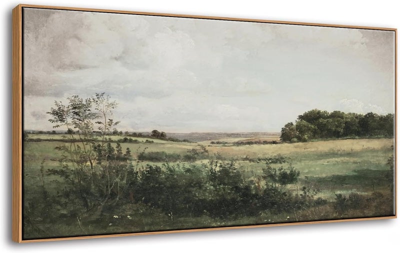 DJSYLIFE Framed Landscape Wall Art Vintage Paintings Nature Wilderness Scenery Canvas Prints Retro Vast Grassland Wall Pictures for Farmhouse Living Room Bedroom Decor - Image 1