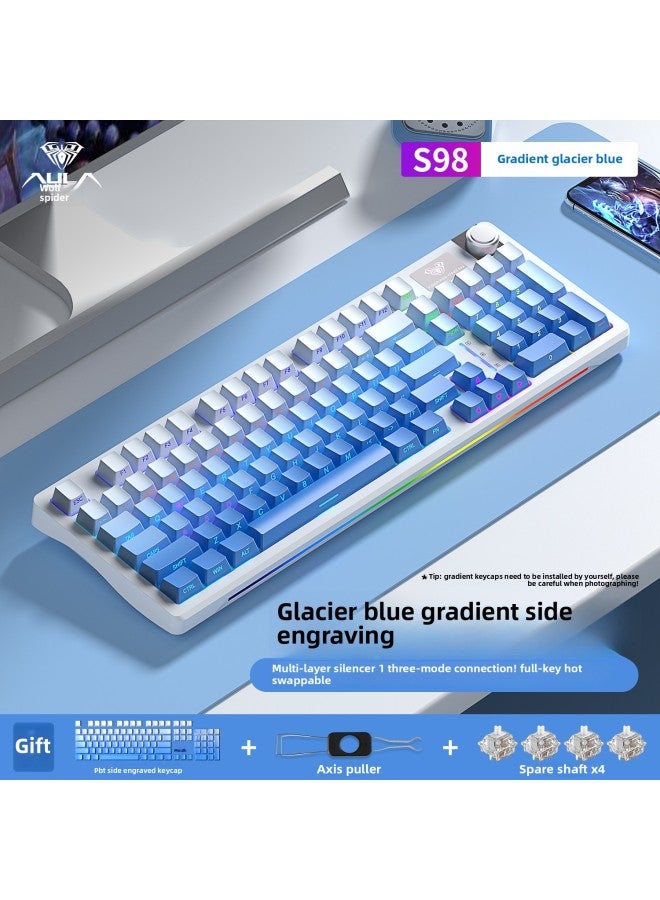 S98 Wireless Mechanical Keyboard Customized Three-mode E-sports Game Keyboard And Mouse Suit Hot Plug Office Dedicated-Color:Blue Axis - Glacier Blue [gradient Side Engraving] Comes With: Dust Cover + Full-page White Keycaps - Yes - 96 Keys  - Image 1