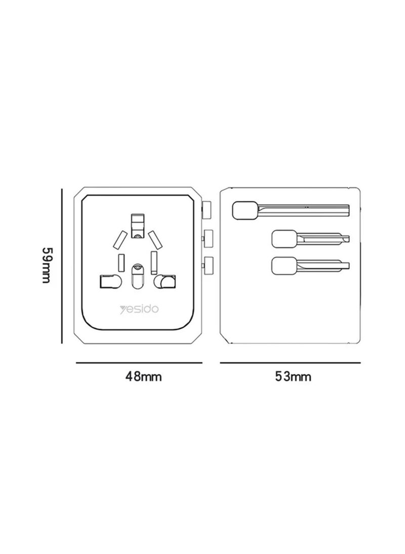 Yesido MC24 20W 3 USB + Type-C Ports Multi-Function Universal Travel Adapter Plug – Black - Image 5