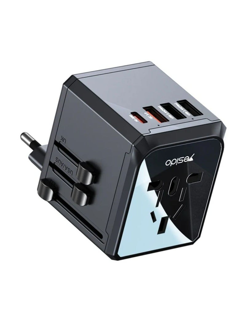 Yesido MC24 20W 3 USB + Type-C Ports Multi-Function Universal Travel Adapter Plug – Black - Image 2