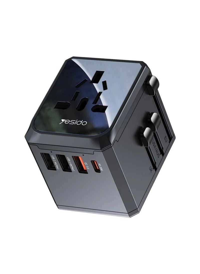 Yesido MC24 20W 3 USB + Type-C Ports Multi-Function Universal Travel Adapter Plug – Black - Image 1