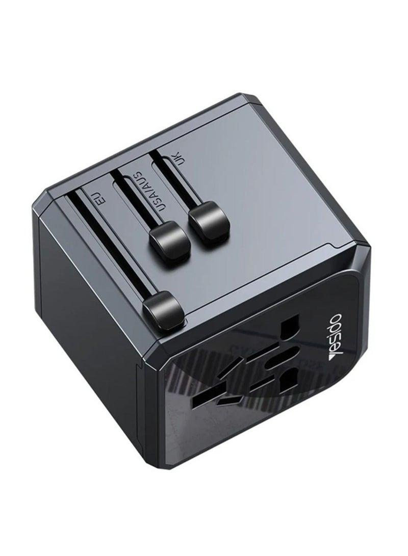 Yesido MC24 20W 3 USB + Type-C Ports Multi-Function Universal Travel Adapter Plug – Black - Image 3