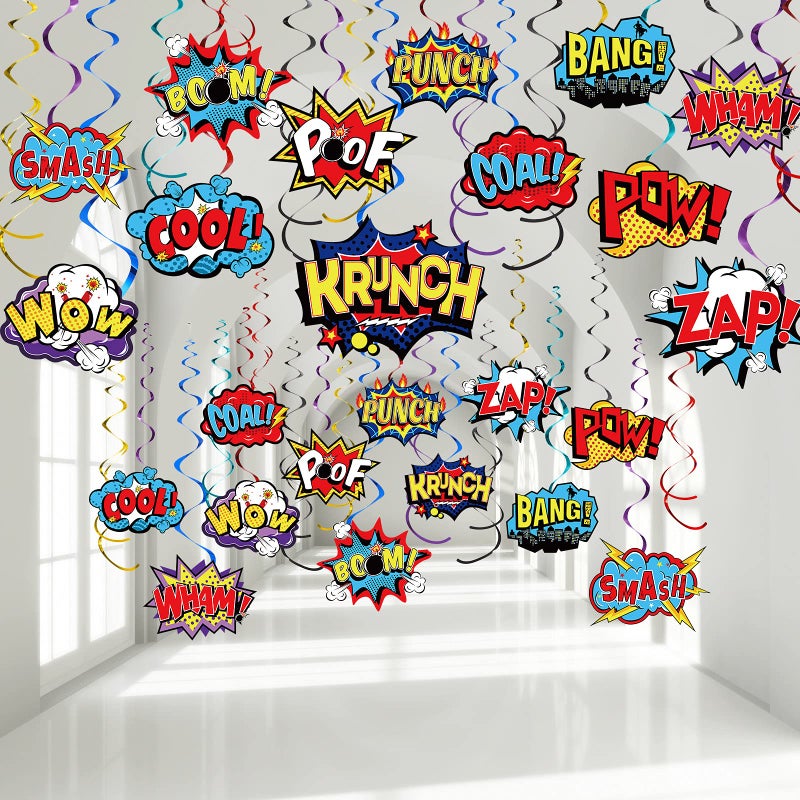 Sumind 54 Pcs Hero Themed Hanging Swirls Hero Action Sign Foil Ceiling Streams Party Banner Decoration for Kids Baby Shower Celebrating Events Birthday Party Supplies Room Wall DecorVintage - Image 2