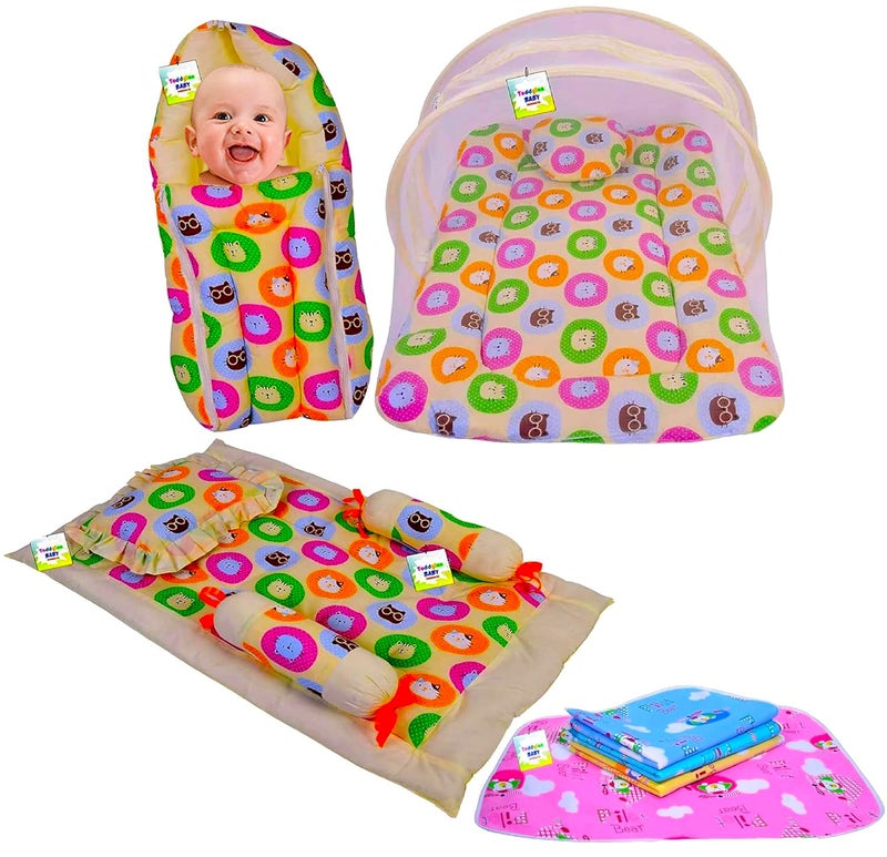 Toddylon Baby Bed New Born Baby Bedding Set Mosquito Net Sleeping Bag Mattress Carry Nest Sheets Essentials Infants 06 Months Yellow 4PCS Set