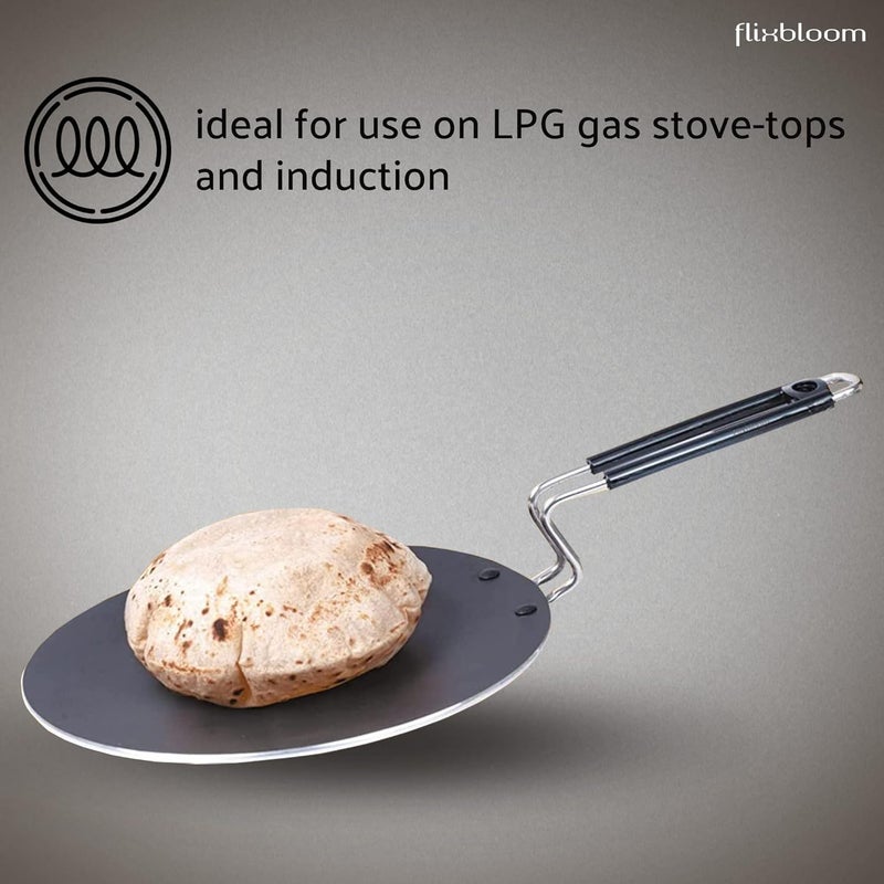FLIXBLOOM FLIXBLOOM Special Flat Hard Anodized Tawa Tava Wider Base Stainless Steel Handle Roti Tava Induction Base Tawa for Roti Paratha Chapati Phulka Omelette Color Black - Image 2