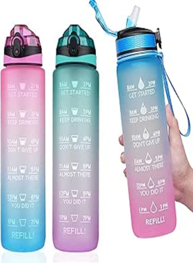 Celerity Motivational Water Bottle 1L with Time Marker & Straw, Tritan BPA Free Reusable Fitness Sport Water Bottles for Gym Office Workout, 1 Liter - Gradient Pink and Lavender