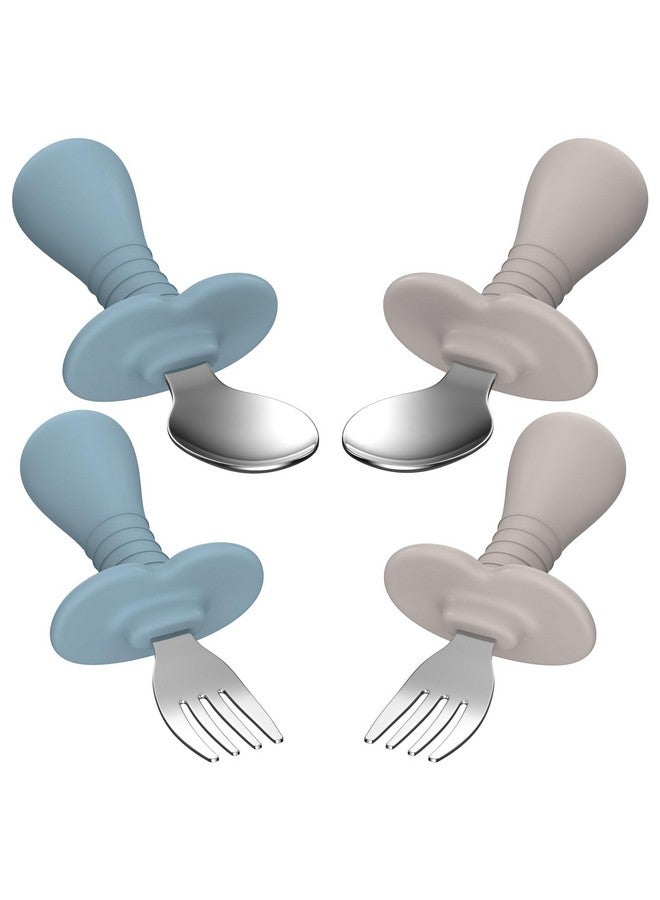 SFCCMM 4 Pieces Toddler Utensils, Kids Silverware Set with Silicone Handle, 18/8 Stainless Steel Children Safe Forks and Spoons, BPA Free, Anti-Choke Design (Lite Blue, Grey) - Image 1
