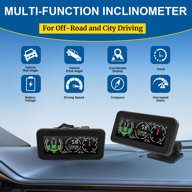 AOMOSUR Car Inclinometer for Off-Road Driving, GPS Speedometer MPH KMH with Compass, Multi-Functional Digital HUD Dashboard Slope Meter, Upgrade Vehicle Level Tilt Gauge - Image 2