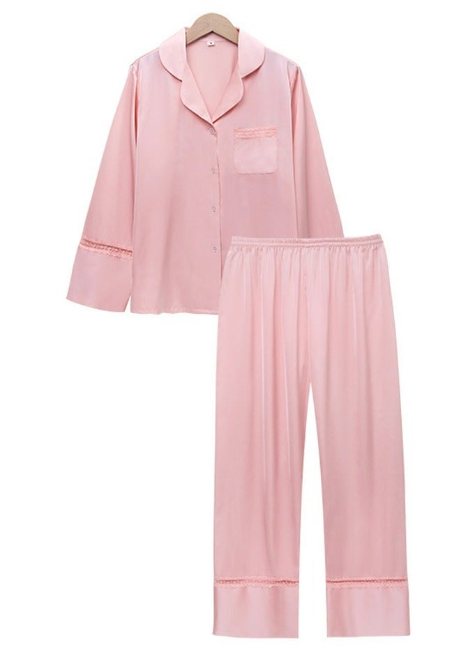 Loquat Women's Solid Color Loose 2-Piece Set Sleepwear Long Sleeve Top And Pants Soft Loungewear Pajamas Suit Pink 