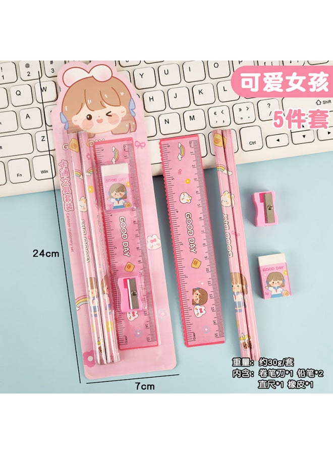 HELPS Cartoon Pencil Stationery Set Small Gift Student Souvenir Student Five-piece Set Rubber Ruler Pencil Sharpener - Image 1