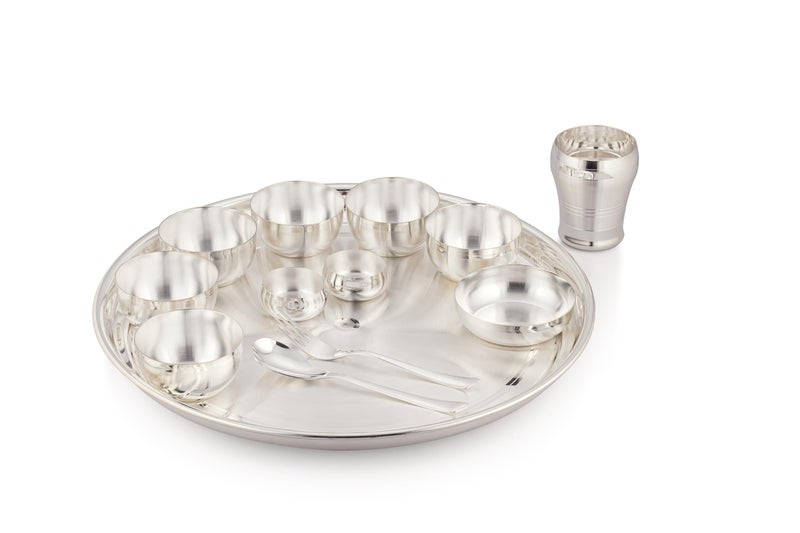 Silverglow Maharaja Dinner Set Stainless Steel of 13 pcs, Silver Plated rajwada thali Set, Hotel, Home, Restaurant, Gift, Wedding, rajbhog thali, Pure-Silver chappan bhog thal - Image 2