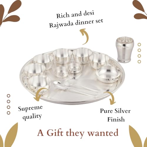 Silverglow Maharaja Dinner Set Stainless Steel of 13 pcs, Silver Plated rajwada thali Set, Hotel, Home, Restaurant, Gift, Wedding, rajbhog thali, Pure-Silver chappan bhog thal - Image 4
