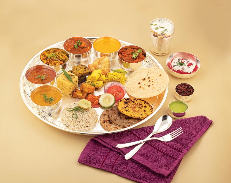 Silverglow Maharaja Dinner Set Stainless Steel of 13 pcs, Silver Plated rajwada thali Set, Hotel, Home, Restaurant, Gift, Wedding, rajbhog thali, Pure-Silver chappan bhog thal - Image 1