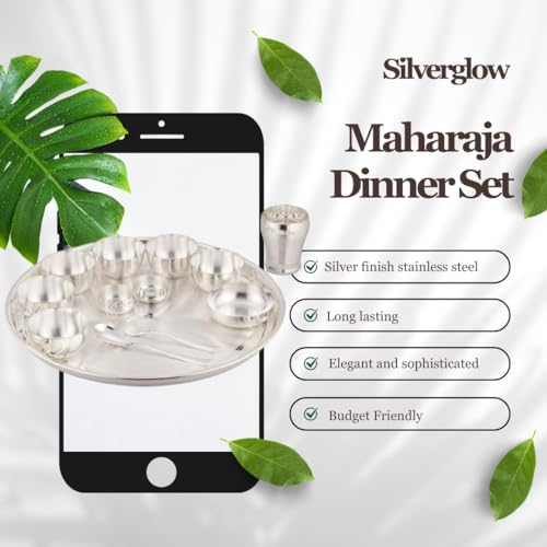 Silverglow Maharaja Dinner Set Stainless Steel of 13 pcs, Silver Plated rajwada thali Set, Hotel, Home, Restaurant, Gift, Wedding, rajbhog thali, Pure-Silver chappan bhog thal - Image 3