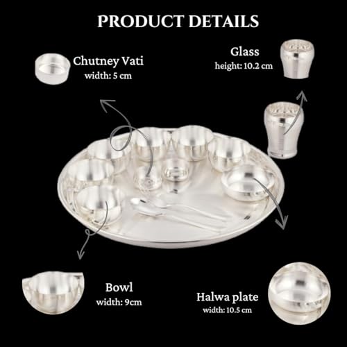Silverglow Maharaja Dinner Set Stainless Steel of 13 pcs, Silver Plated rajwada thali Set, Hotel, Home, Restaurant, Gift, Wedding, rajbhog thali, Pure-Silver chappan bhog thal - Image 5
