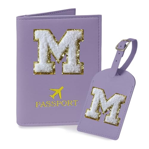 COSHAYSOO Purple Initial Passport Cover Holder and Luggage Tag Set TSA Approved with Alphabet Chenille Letter Patch for Women Teenager Girls, PU Leather Traveling Bag Suitcase Identifier (M) - Image 1