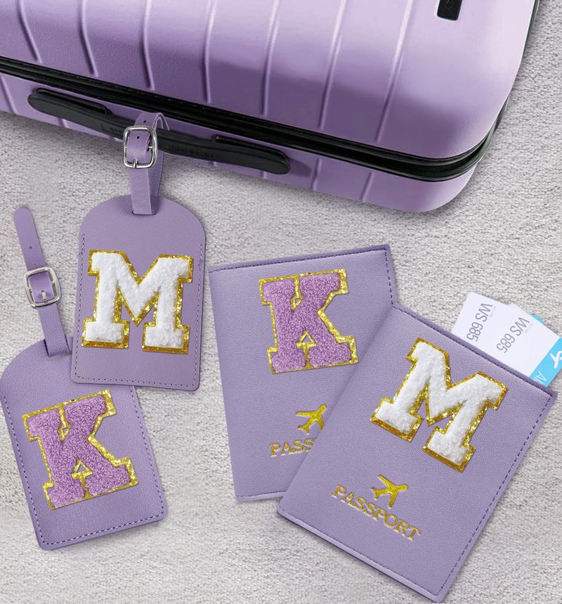 COSHAYSOO Purple Initial Passport Cover Holder and Luggage Tag Set TSA Approved with Alphabet Chenille Letter Patch for Women Teenager Girls, PU Leather Traveling Bag Suitcase Identifier (M) - Image 5