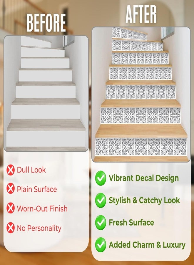 WALPLUS Peel and Stick Stair Riser Decals 15 Strips 39" x 7.1" Antique Pattern Tiles Stair Stickers Stair Decals Stair Risers Covers Wallpaper for Stairs Easy Installation Home Decor - Image 2
