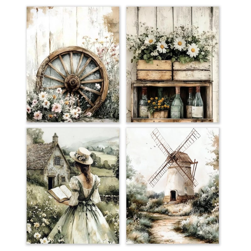 BESERH French Country Wall Decor, Rustic Farmhouse Wildflower Meadow Wall Art Prints, European Countryside Posters for Bedroom Living Room Home Gallery, 8x10 Inches Set of 4 Unframed - Image 1