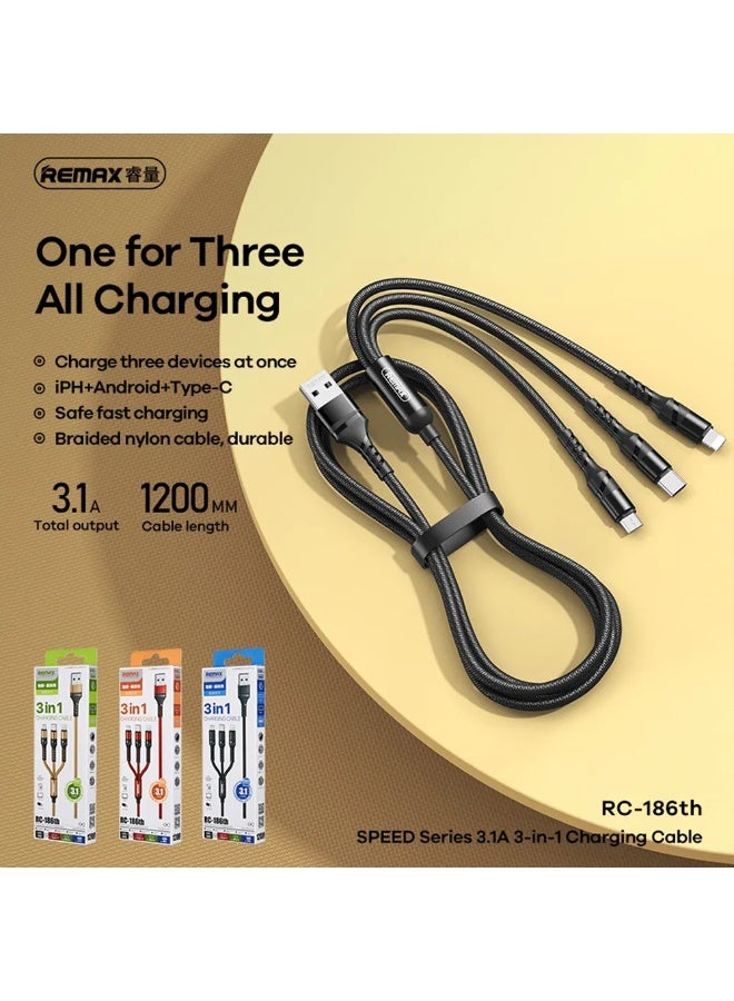 ريماكس كابل شحن سريع 3 في 1 من USB إلى Lightning وMicro USB وType-C، كابل مضفر متين بطول 120 سم مع شريحة ذكية، سلك شحن سريع 3.1 أمبير بحد أقصى للهواتف الذكية والأجهزة اللوحية وأجهزة Android وiPhone والمزيد - ذهبي - Image 2