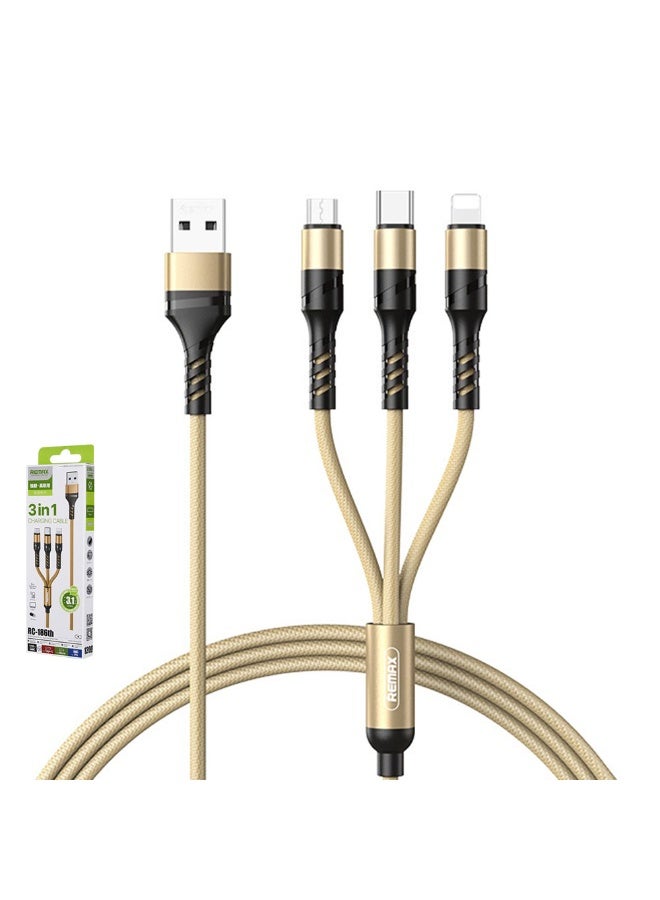 ريماكس كابل شحن سريع 3 في 1 من USB إلى Lightning وMicro USB وType-C، كابل مضفر متين بطول 120 سم مع شريحة ذكية، سلك شحن سريع 3.1 أمبير بحد أقصى للهواتف الذكية والأجهزة اللوحية وأجهزة Android وiPhone والمزيد - ذهبي - Image 1