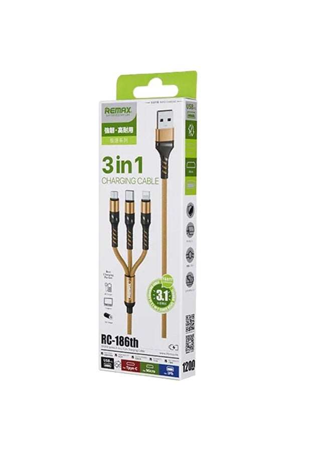 ريماكس كابل شحن سريع 3 في 1 من USB إلى Lightning وMicro USB وType-C، كابل مضفر متين بطول 120 سم مع شريحة ذكية، سلك شحن سريع 3.1 أمبير بحد أقصى للهواتف الذكية والأجهزة اللوحية وأجهزة Android وiPhone والمزيد - ذهبي - Image 3