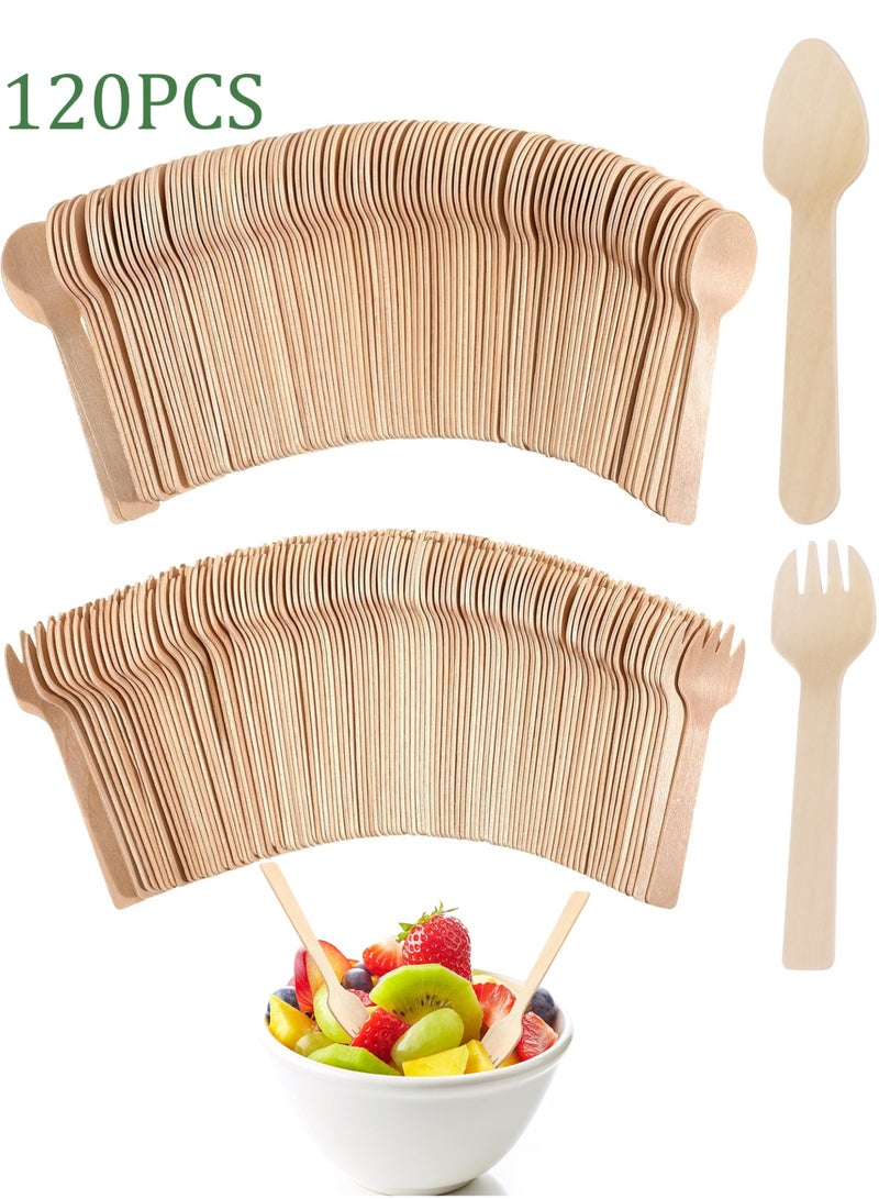 LuckSa 120 Count 4 Inch Mini Wooden Disposable Spoons and Forks Disposable Wooden Cutlery Set Wooden Material Utensils Spoons Forks for Tableware Parties Weddings Camping Ice Cream Supplies - Image 1