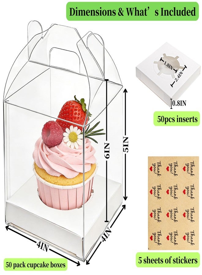Cedilis 50 Pack Individual Clear Cupcake Boxes, Single Cupcake Containers, Plastic Cupcake Holders with Handle, Inserts and Sticker - Image 2