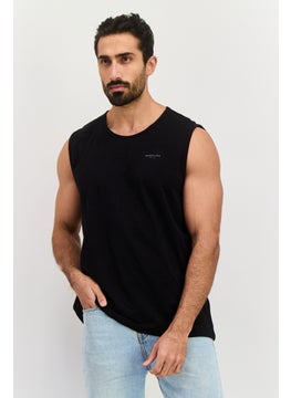 Men Crew Neck Sleeveless Brand Logo Vest, Black